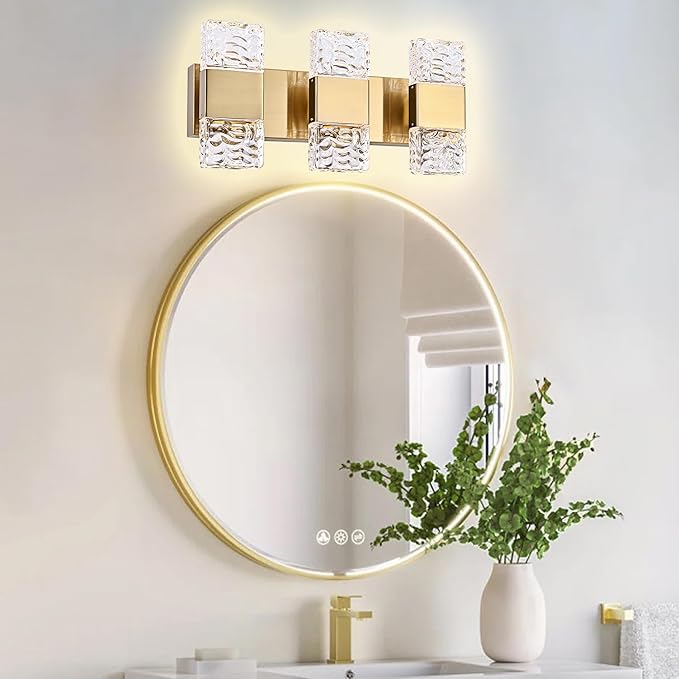 MELUCEE LED Bathroom Vanity Light 24W, 3-Light Modern LED Vanity Light Bar with Crystal Column Brass Bathroom Lights Over Mirror Crystal Wall Sconce Restroom Lighting Fixtures, 3000K Warm Lighting