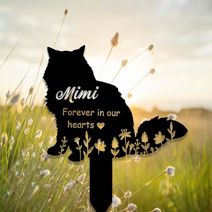 Personalized Fluffy Cat Memorial Stake - Metal Grave Marker Yard Sign - Cat Loss in Heaven Remembrance Gift