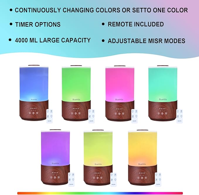 BlueHills Premium Set of Two Large 3000 ML and 4000 ML XL Essential Oil Diffusers Humidifier Combo for Large Room Home with Décor LED Lights Great Gift – Value Pack of Dark Wood Grain.