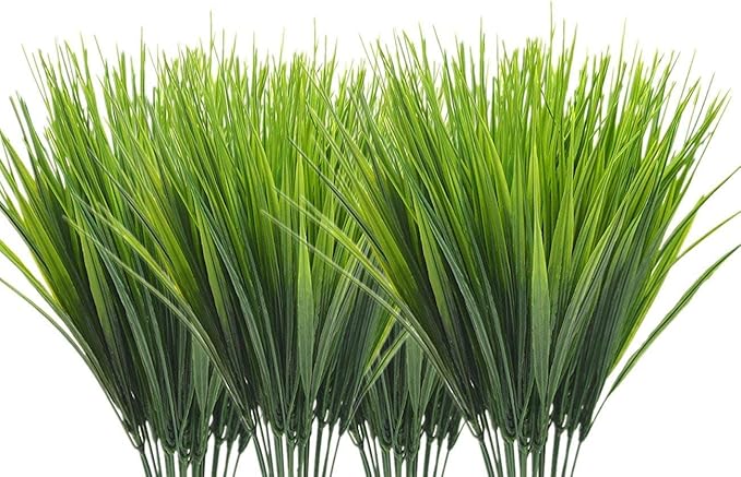 CATTREE Artificial Shrubs Bushes, Plastic Wheat Grass Green Leaves Fake Plants for Indoor Outdoor Home Garden Verandah Kitchen Office Wedding Arrangements Christmas Decoration 8 Pack
