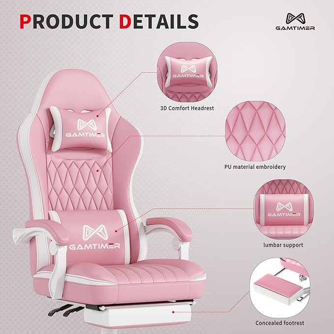 Gaming Chair, 400 lbs Adult Chair, High Back Computer Chair with Footrest and Linked Armrests, Office Video Game Chair with Lumbar Support (Pink)