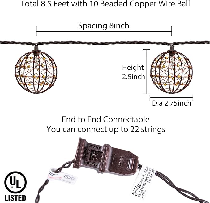 Outdoor Decorative Patio String Lights, Beaded Copper Wire Ball Style Lantern Lights, Connectable Weather-Resistant Indoor Outdoor Novelty Whimsical Light for Home Pergola Bedroom Porch Party Backyard