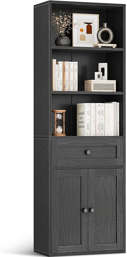 Casaottima Bookshelf and Bookcase with Doors and Drawer, Floor Standing 6-Tier Shelf Display Storage Shelves, Tall Bookcases for Home Office, Living Room, Black