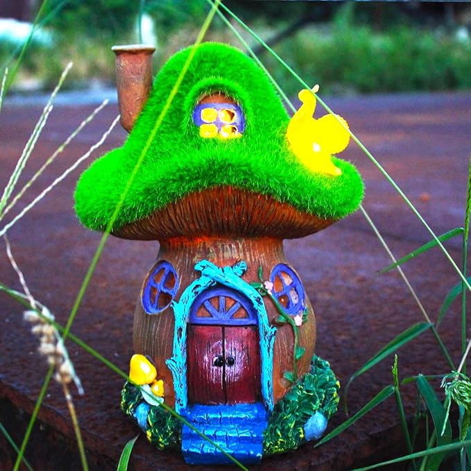 Mushroom Garden Statues,Outdoor Fairy House Figurine with Solar Powered Garden Light, Gifts for Women Mom Grandma Halloween Decor or Yard Decor (Resin)
