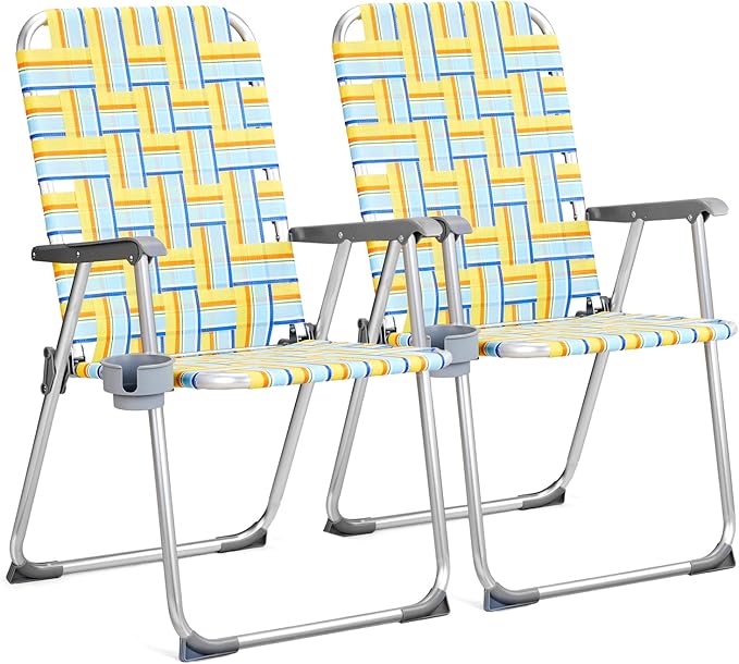 VINGLI Aluminum Patio Lawn Chairs Folding Set of 2 with Detachable Cup Holder, Webbed Beach Chair Folding Chair Outdoor Portable Camping Chair for Yard, Garden