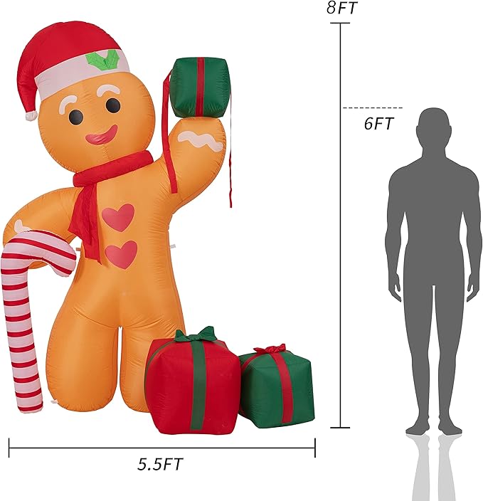 Peyton 8FT Inflatable Gingerbread Man with Candy Cane and Three Gift Boxes,LED Lighted Christmas Decoration Indoor and Outdoor.