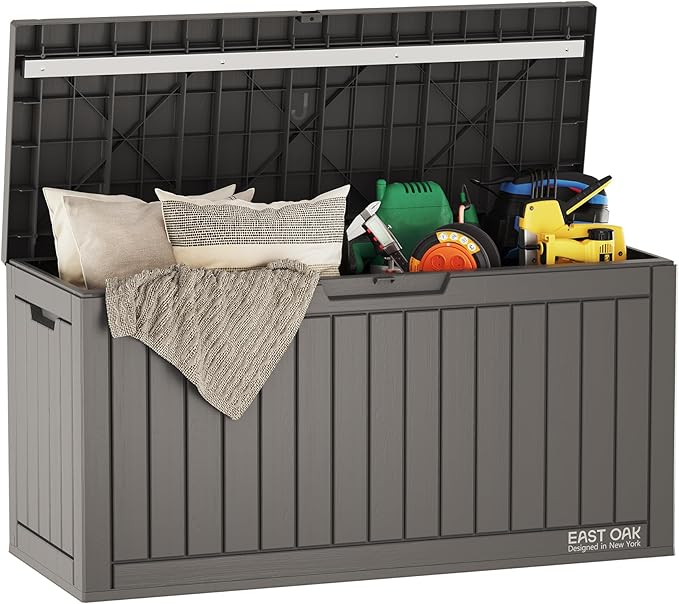EAST OAK Outdoor Storage Box, 60 Gallon Deck Box Indoor and Outdoor Use, Waterproof Resin Storage Bin for Patio Cushions, Gardening Tools, Lockable, UV Resistant, Grey