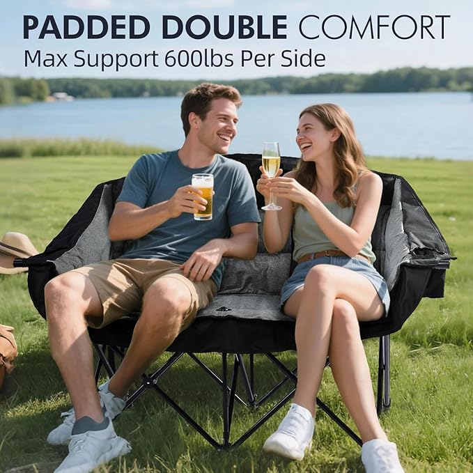 Double Camping Chair Loveseat - 2 Person Oversized Camping Couch for Adults Padded Heavy Duty Outdoor Lawn Beach Portable Folding XL Chairs with Cup Holders and Carry Bag Support 600lbs, Black/Grey