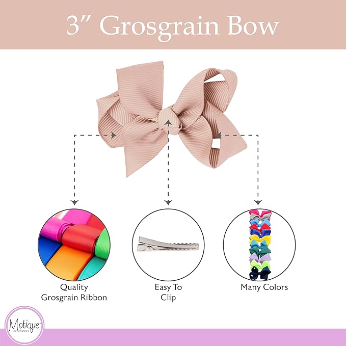 3 Inch Grosgrain Bow for Little Girls- Set of 2 (Beige)