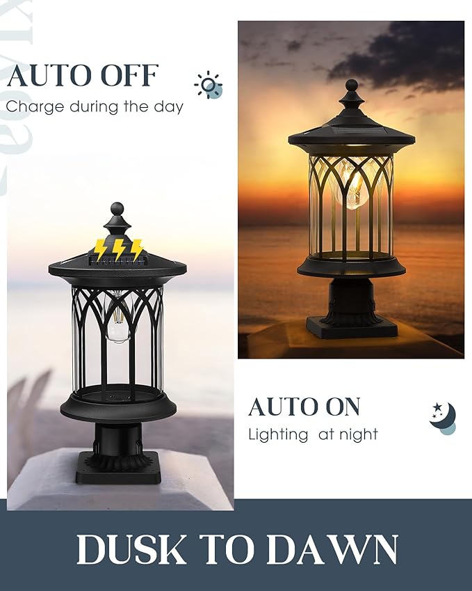 Solar Post Lights Outdoor Waterproof, Dusk to Dawn Solar Lamp Post Light Fixture E26 Base Socket, IP44 Waterproof Post Lights Outdoor Solar Powered for Pathway, Driveway, Lawn, KL235SPL10-1
