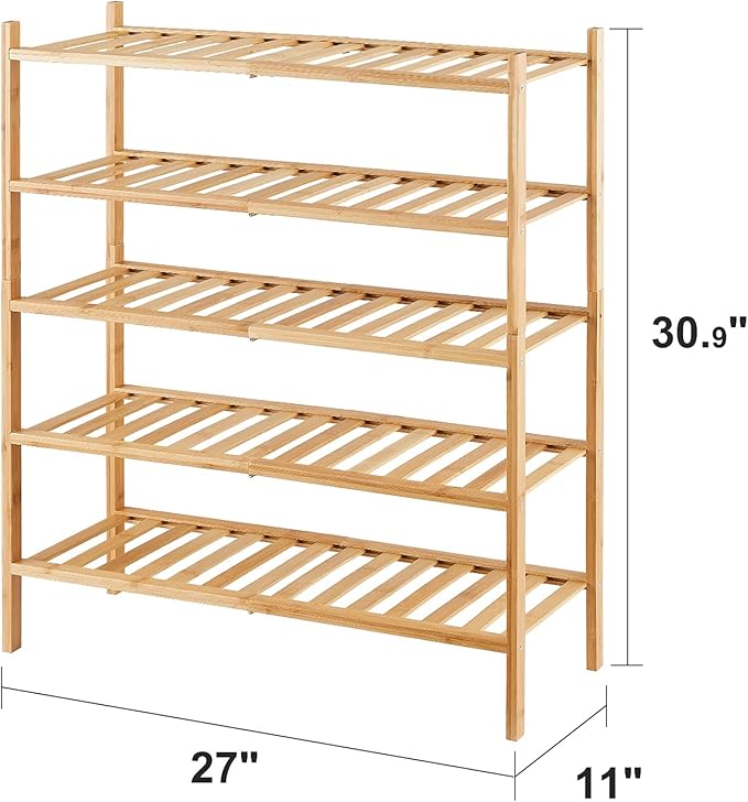 5-Tier Bamboo Shoe Rack for Entryway, Stackable | Foldable | Natural, Shoe Organizer for Hallway Closet, Standing Shoe Racks for Indoor Outdoor
