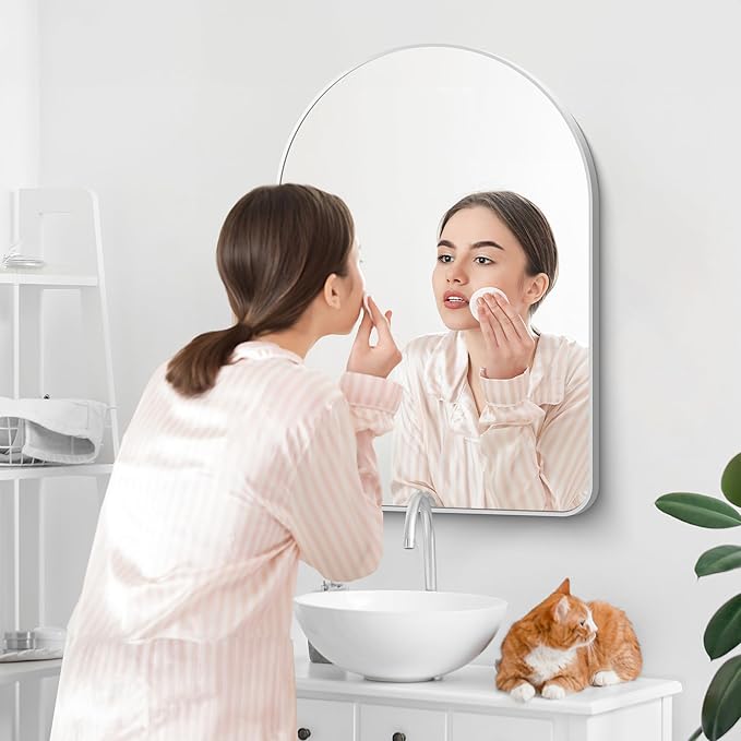 Arched Bathroom Mirror, 26"x38" Silver Arched Mirror for Bathroom, Wall Mounted Mirror, Black Vanity Wall Mirror w/Metal Frame for Bedroom, Entryway, Living Room, Hanging or Leaning Against Wall