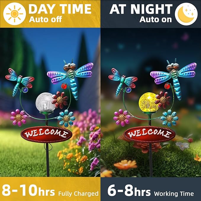 Solar Garden Stakes Metal Welcome Signs for Outside 30.3', 2 Flying Dragonflies with Cracked Glass Ball,Decorative Garden Stakes for Lawn, Patio, Dragonfly Gifts for Women