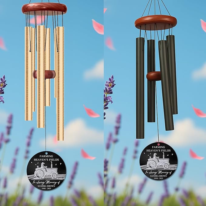 Personalized Farmer Memorial Wind Chime – “Farming Heaven’s Fields” Custom Name & Years – Outdoor Sympathy Gift for Farming Families – Memorial Windchimes for Loss of Loved One – Remembrance Décor