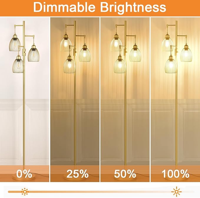Dimmable Floor Lamp, Industrial Floor Lamps for Living Room, Gold Tree Lamp Standing Lamp Tall Lamps with 3 Elegant Teardrop Cage Head & 800 Lumens LED Bulbs for Living room Bedroom Office Dining Room