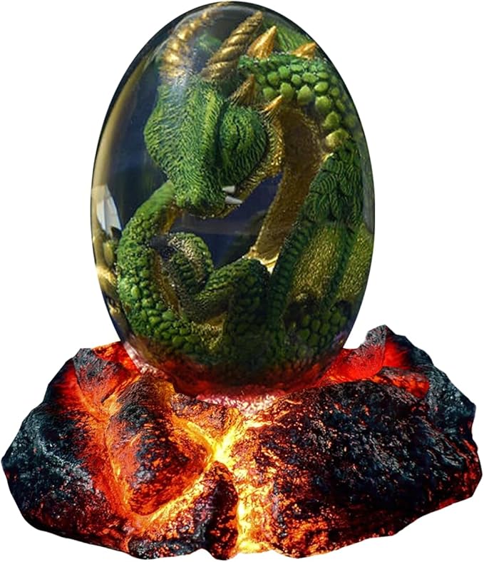 ACOCOFE Dragon Egg,Lava Dragon Eggs with Luminous Base Ornaments,Handmade Sculpture Resin Crystal Dragon Souvenir,Dragon Egg Ornaments Gift for Christmas,Birthdays,Graduation (Green with Base)