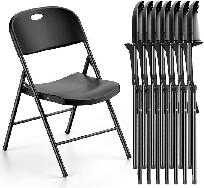 Nazhura 350 Weight Limit Heavy Duty Plastic Folding Chair with Reinfoced Steel Frame for Indoor and Outdoor, Wedding, Party, Restaurant, Meeting Room, Patio and Garden (Black, 8 Pack)