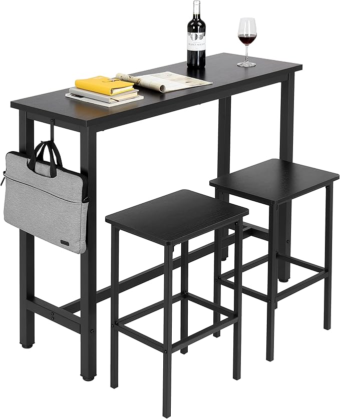 Finnhomy 47" Bar Set - Pub High Top Table With Stools, Rectangular Bar Height Kitchen Set for 2, Industrial Breakfast for Kitchen, Living Room, Rustic Black