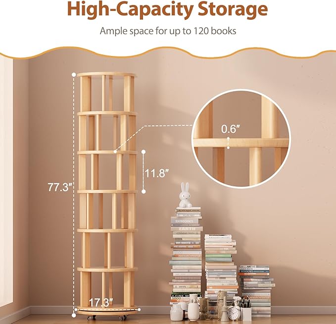 Solid Wood Rotating Bookshelf on Wheels, 6 Tier, Round Revolving Bookcase, 360° Spinning Book Shelf Tower for Kids, Narrow Rolling Bookshelves for Small Space, Corner, Bedroom, Office, Natural