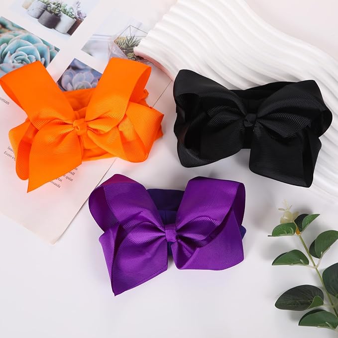 3 Pcs Baby Girls Headband Bows, Soft Nylon Hairbands Cute Big Bow Super Elastic Headband For Baby Girls Newborn Infant Toddlers (Orange Black Purple, Large)