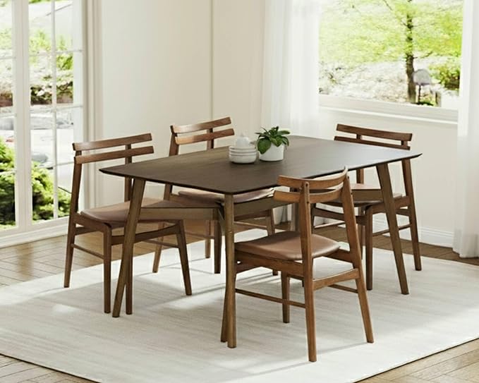 VESCASA 5-Piece Dining Set, 59" L Colonial Oak Rectangle Wood Dining Table with 4 Curved Back Faux Leather Brown Wood Dining Chairs for Dining Room, Kitchen, Restaurant, Dining Set for 4