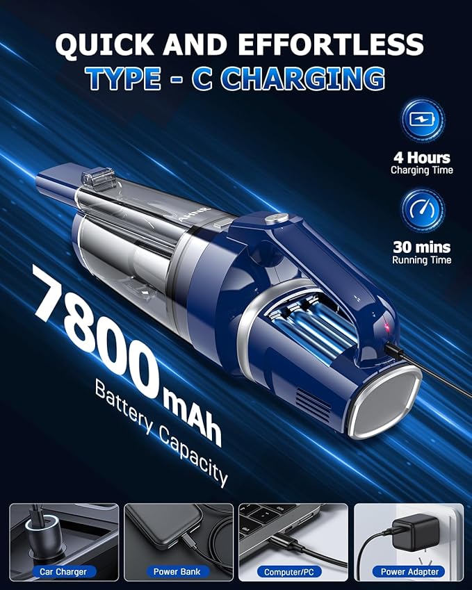 AHNR Handheld Vacuum Cordless, 16000PA Powerful Suction Hand Held Vacuum Dust Busters Cordless Rechargeable with LED Light & 2 HEPA Filters, Portable Car Vacuum Cleaner High Power for Car Home Office