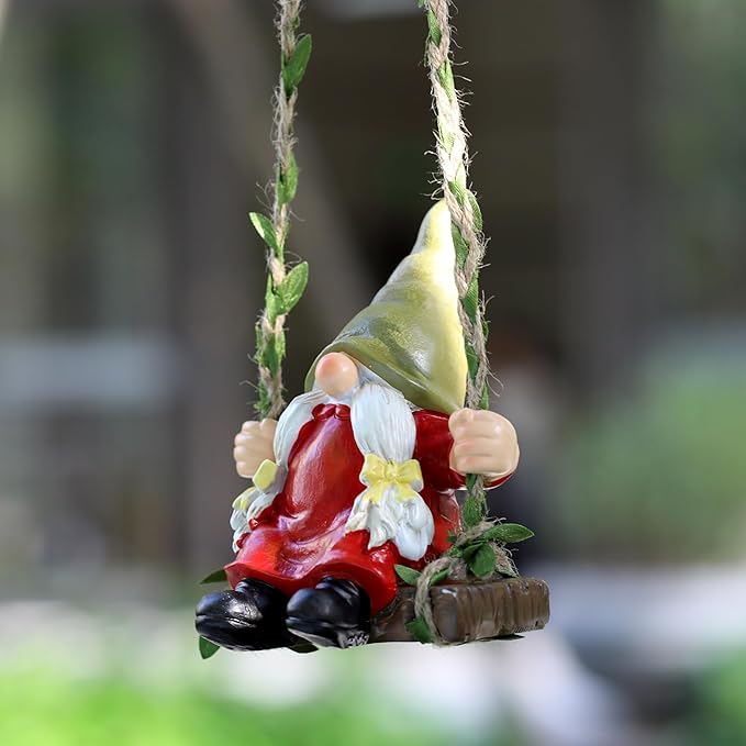 Garden Female Gnome on Swing Statue Decoration Figurine Ornament for Indoor Outdoor Home Patio Yard Lawn,Gift for Mom