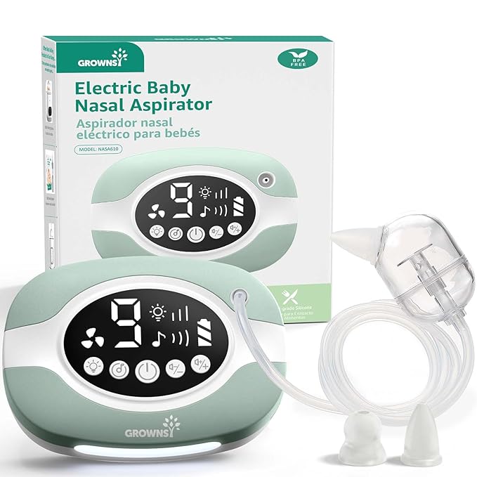 GROWNSY Electric Nose Suction for Baby, Hospital-Grade Nasal Aspirator with Night Light,Soothing Lullabies, Baby Nose Sucker with 9 Adjustable Suction Levels, Green