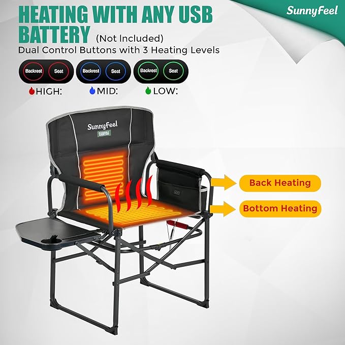 SUNNYFEEL Heated Camping Directors Chair, Heavy Duty,Oversized Outdoor Portable Heating Folding Chair with Side Table, Pocket for Beach, Fishing,Trip,Picnic,Lawn,Concert Foldable Camp Chairs