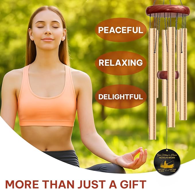 Personalized Gone Fishing Memorial Wind Chime – “Gone Fishing in Heaven” Fisherman Wind Chimes– Custom Name & Dates – Outdoor Sympathy Gift for Men, Dad, or Grandpa – Memorial Garden Decor for Loss