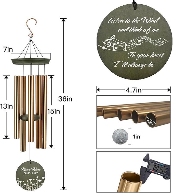 Personalized Sympathy Wind Chime, Memorial Wind Chimes for Loss of Loved One, Bereavement & in Memory Wind Chimes, Sympathy Gifts in Memory of Father, Mother, or a Loved One, Product in USA