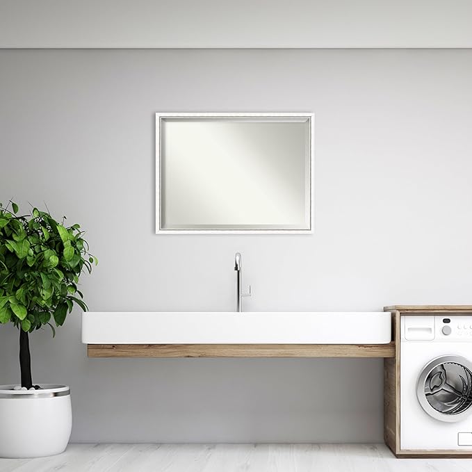 Amanti Art White Bathroom Mirror for Over Sink, 32x42 Morgan White Silver Rectangle Vanity Mirror, X-Large Modern Contemporary Wood Frame, Hangs Horizonally and Vertically, Bathroom Wall Decor from WI