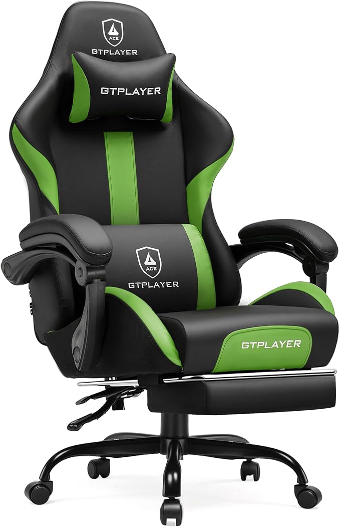 GTRACING Gaming Chair with Foot Rest & Pocket Spring Cushion, Ergonomic High Back Computer Chair with Headrest & 360°-Swivel Seat for Home Office Desk, PU Leather, Vivid Green
