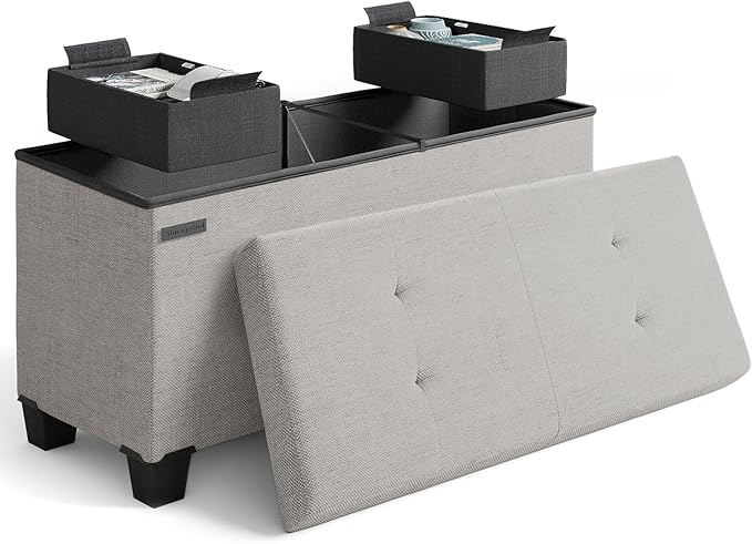 STORAGEBUD Storage Ottoman Bench with Bins, 30-in Storage Bench for Bedroom End of Bed, Folding Foot Rest Ottoman for Living Room Max 660lbs, Fabric Ottomans, Light Grey