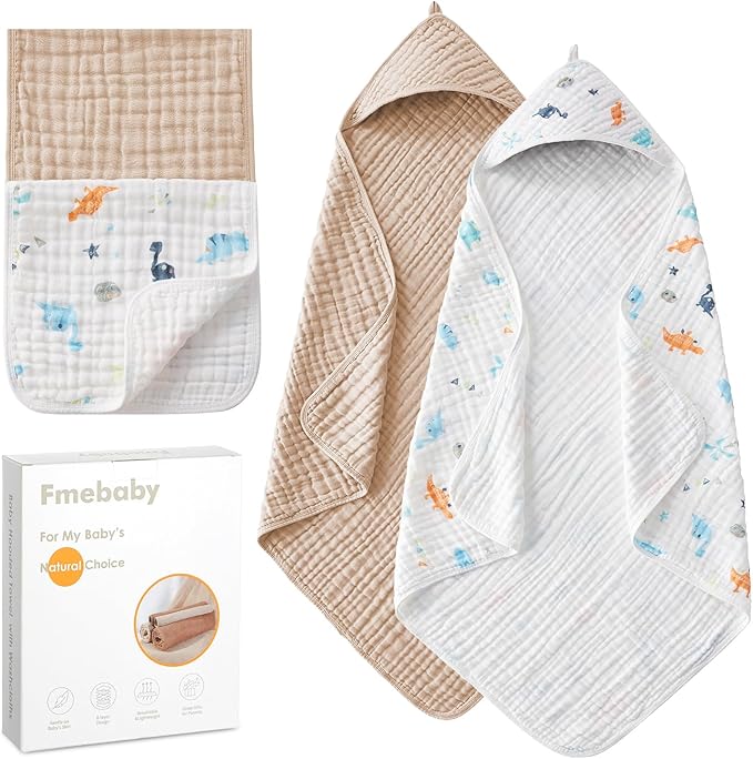Hooded Baby Towels for Newborn 2 Pack, 36x36 Inch Muslin Cotton Baby Bath Towel and 2 Pack Washcloths for Babies, Soft and Absorbent Newborn Essential(Apricot and Dinasour)