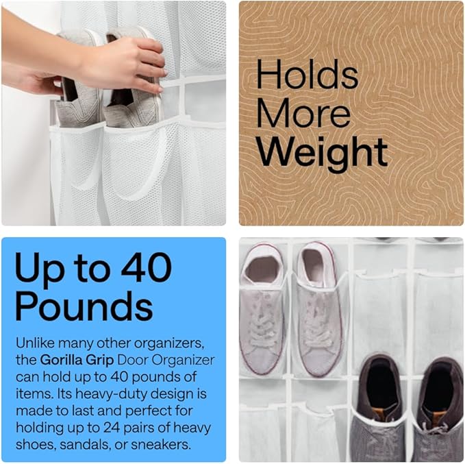 GORILLA GRIP Over the Door Shoe Organizer, 2 Pack, 24 Breathable Mesh Pockets