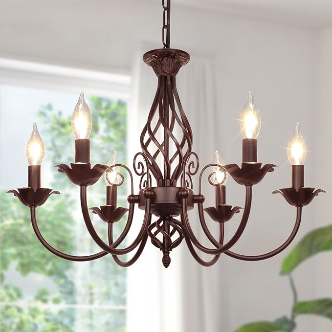 6-Light Farmhouse Candle Chandelier for Living Room, Rustic Industrial Pendant Ceiling Light fixture, Vintage Hanging Lamp for Bedroom Hallway Kitchen Dining Room Foyer, E12 Socket, Oil Rubbed Brown