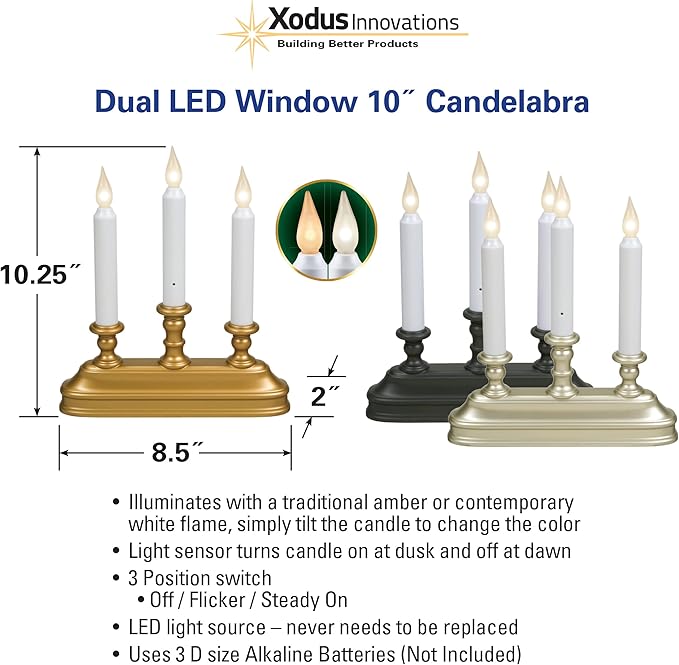 Xodus Innovations FPC1330A-3 Battery Operated 10" Window Candles with Tilt to Change Flame Color and Dusk to Dawn Light Sensor 3 Candelabra Base (Pack of 3), Black/Aged Bronze