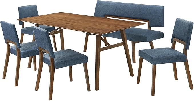 Armen Living Channell Mid Century Modern 6 Piece Walnut Wood Dining Table Set with Bench in Blue Fabric