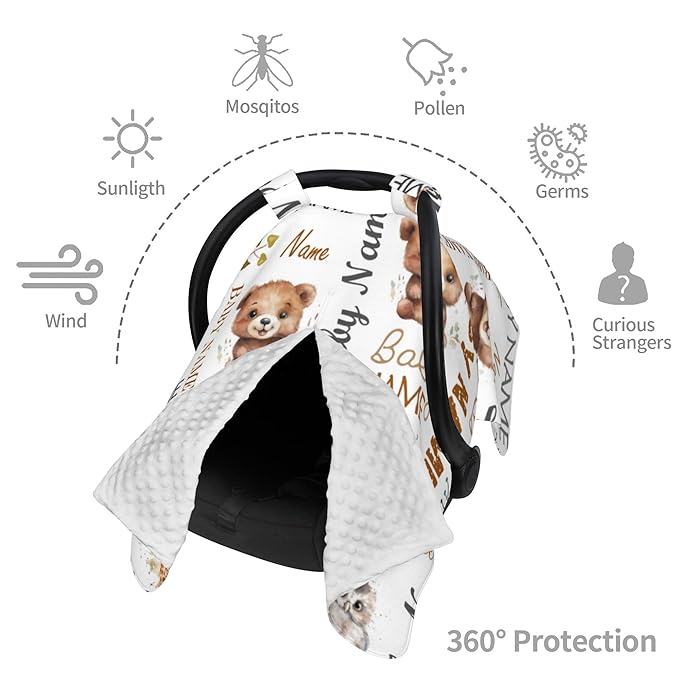 Personalized Baby Car Seat Cover Winter Custom Minky Carseat Cover Boy Girls with Name Woodland Carseat Canopy Customized Car Seat Canopy Infant Carrier Covers Nursing Cover Toddler Blanket