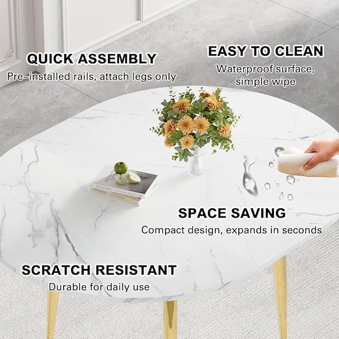 42"-54" Round Extendable Dining Room Table for 4–6, White Faux Marble & Wood Grain Top with Gold Metal Legs, Modern Luxury Oval Dining Room Table, Space-Saving Kitchen Table, Easy Assembly