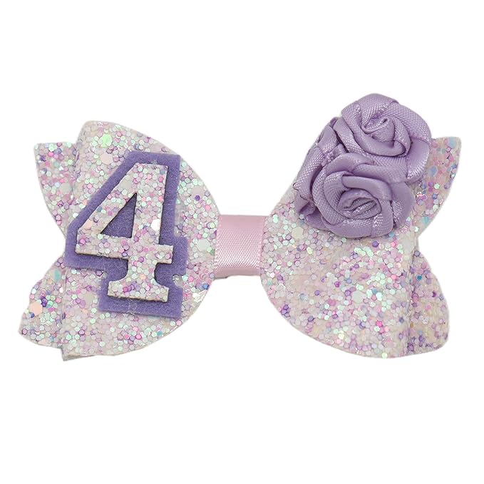 Birthday Hair Bow for Baby Girls 1 2 3 4 5 6 Years Sprinkle Decorations Party Hair Accessories for Four 4th Birthday Purple Rose