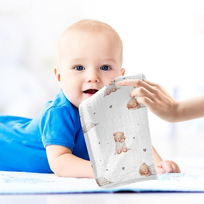 vvfelixl Baby Washcloths Cotton Cute Sleeping Teddy Bears Baby Muslin Washcloths Soft Baby Face Towel for Newborn Infants Baby Wipes, 11.8 X 11.8 inch, one sizex5