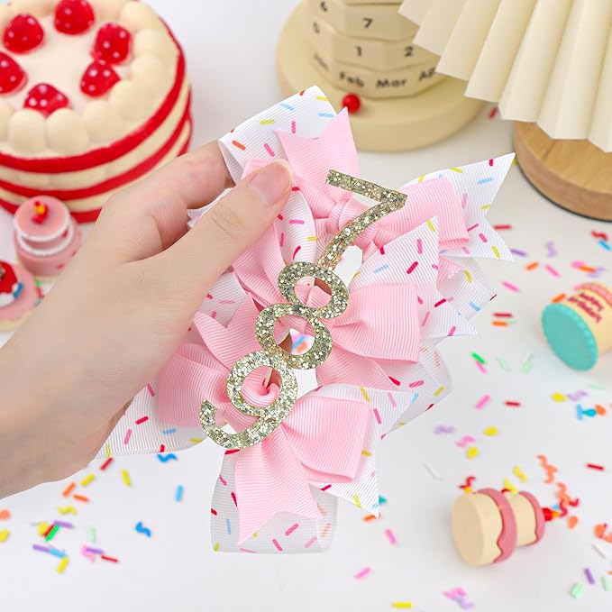 YanJie 1pcs 4'' Baby Hair Bow for 7 Years Old 7th Birthday Outfit Girl Birthday Decorations for Girl Glitter Infants Hair Clips Accessories with Bows