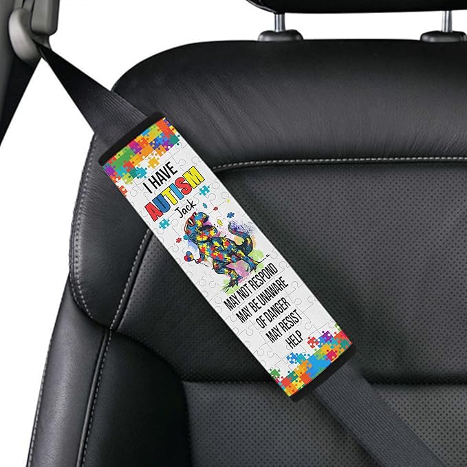 I Have Autism Dinosaur Personalized Name Autism Awareness Seat Belt Covers Special Need Autistic Car Seat Belt Covers for Kid Children Medical Alert 16