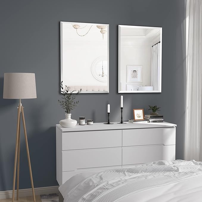 KOHROS Bathroom Mirror 20” x 28" Frameless Rectangle Bathroom Vanity Mirror w/Polished Edge Beveled Mirror for Hallway Entryway Dressing Room (Silver)