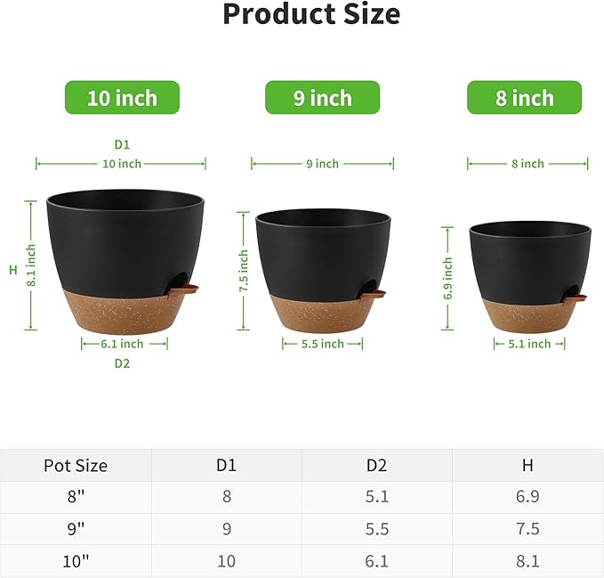 FaithLand 3-Pack Planter Pots, 10 9 8 Inch Self Watering Flower Pots for Indoor Outdoor Garden Plants, Black with Brown