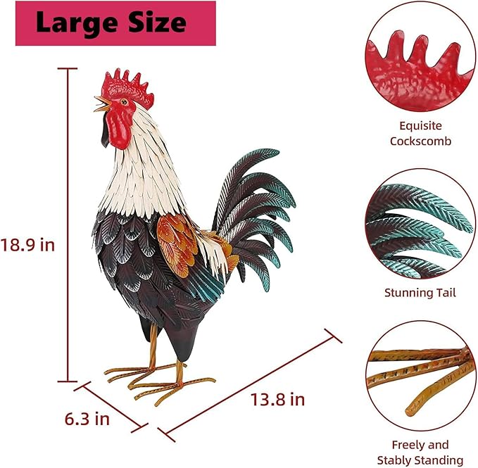 chisheen Metal Rooster Decor,Yard Chicken Decorations,Outdoor Garden Statues, Metal Chicken Sculpture for Backyard Patio Kitchen Decor & Lawn Ornaments