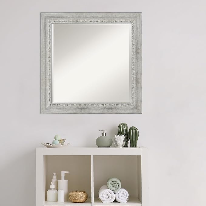 Amanti Art White Bathroom Mirror for Over Sink, 25x25 Rustic White Wash Square Vanity Mirror, Medium Rustic Farmhouse Wood Frame, Hangs Horizonally and Vertically, Bathroom Wall Decor, Beveled Edge