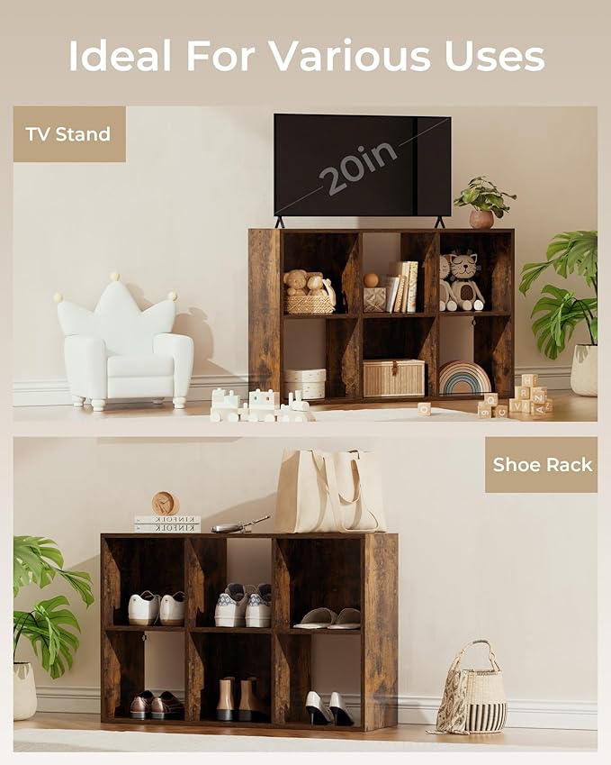 GTPLAYER 6-Cube Storage Organizer, Fits 11" Bins, Vertical or Horizontal Use, Opening Bookshelf, Partial Back Panels, Stackable Design Bookcase, for Closet, Bedroom, Home Office, Rustic Brown